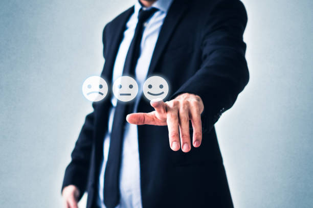 costumer review concept, man pointing on happy smiling face   - stock photo