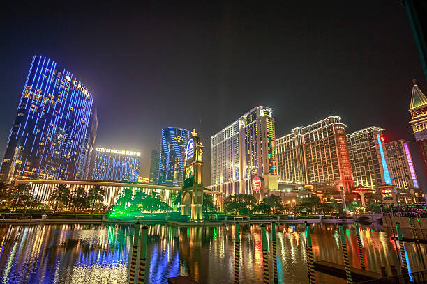 Cotai Strip Macau Macau, China - December 8, 2016: scenic view of hotels in Cotai Strip, Crown Towers, City of Dreams, Hard Rock, St Regis, Holiday Inn, Conrad, Sheraton, reflecting on The Venetian's lake in the night. cotai strip stock pictures, royalty-free photos & images
