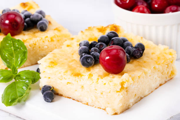 Cottage cheese casserole with berries. Ð¡urd pie stock photo