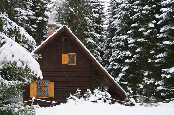 Cottage in snow stock photo
