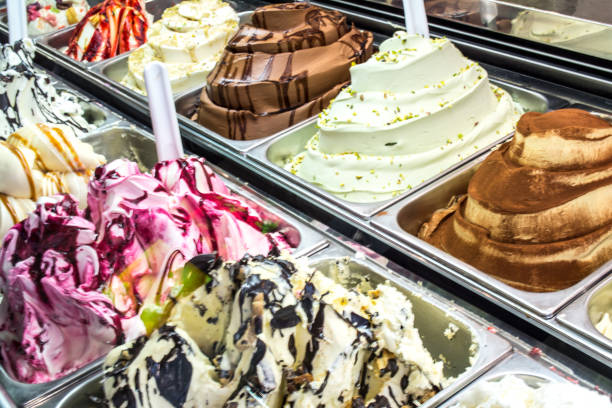 Counter with ice cream in a candy store stock photo