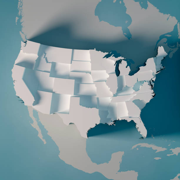3D Render of a Country Map of the USA showing the States separately, Graph height dependent from the population numbers.Made with Natural Earth. https://www.naturalearthdata.com/downloads/10m-cultural-vectors/All source data is in the public domain.