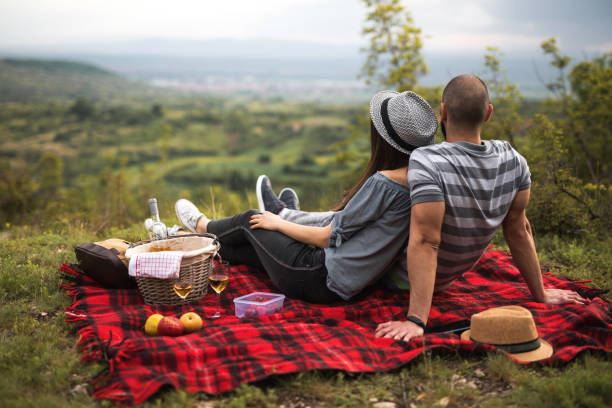 couple at the picnic in the nature - picnic imagens e fotografias de stock