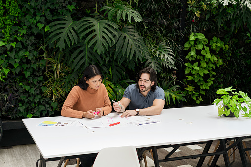 A pair of Latino workers from Bogota Colombia, between 29 and 39 years old, carry out their project planning while in their office filled with gardens, plants and lots of fresh air.