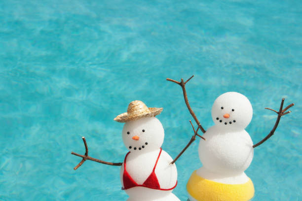 Couple Winter Vacation Enjoying Sunbathing in Tropical Hotel Resort Pool A couple of male and female snowman and snow woman in swimsuit vacationing in a tropical beach pool. melting snow man stock pictures, royalty-free photos & images