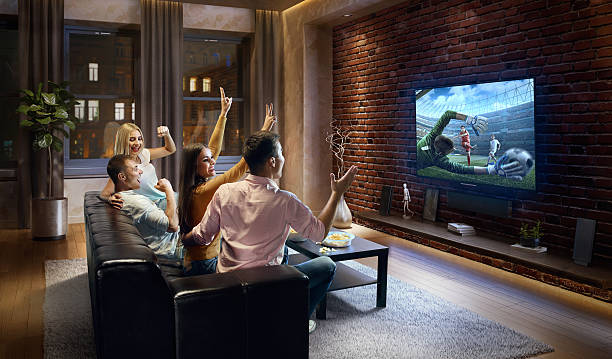 Couples cheering and watching soccer game on TV Two young couples cheering and watching Soccer game on TV. They are sitting on a sofa in the modern living room. The TV set is on the loft brick wall. It is evening outside the window. spectator stock pictures, royalty-free photos & images