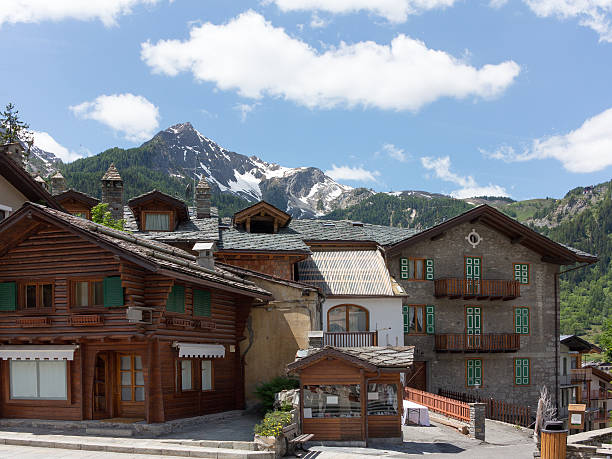 Courmayeur in Italy and Mont Blanc mountains stock photo