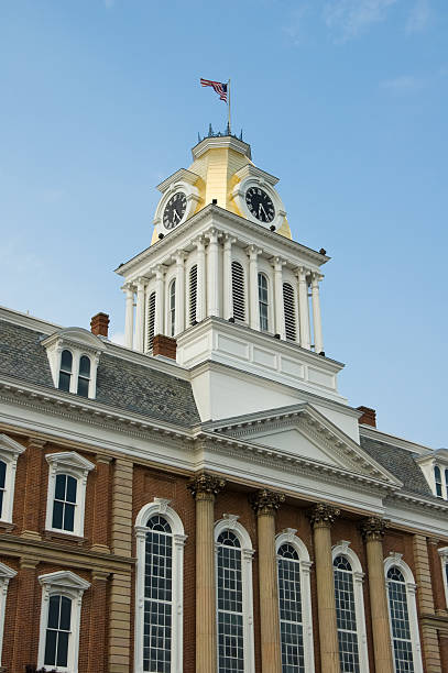 Courthouse Clock Tower in Sunlight, Golden Dome stock photo