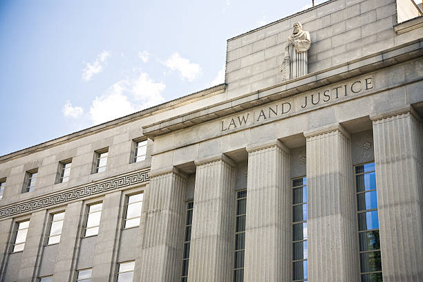 Courthouse with Law and Justice on the front stock photo