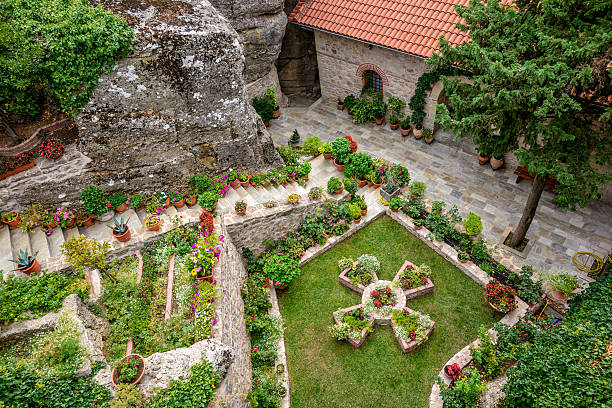 Courtyard of the Holy Monastery of Rousanou in Greece stock photo