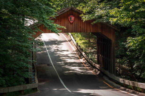 Covered Bridge at the entrance of the Sleeping Bear Dunes stock photo