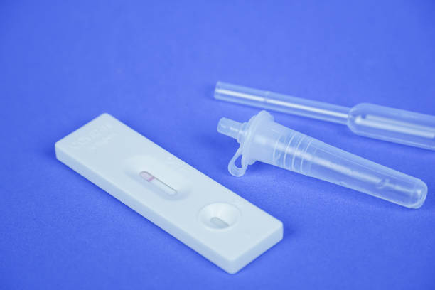 Covid antigen test set on blue background stock photo