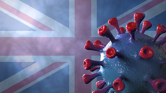 Covid british and england variant, covid-19 virus with english flag.