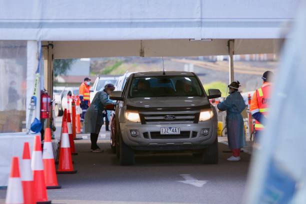 Covid-19 tests at a drive through site in Melbourne during 5th coronavirus lockdown stock photo