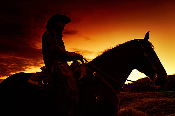 Cowboy On His Horse In A  Western Sunset - Silhouette stock photo