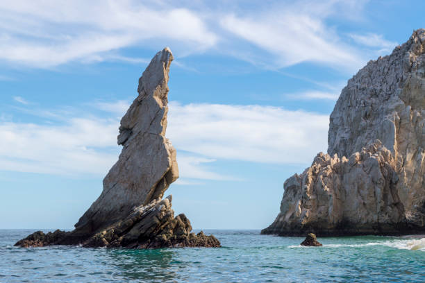 Coyote Rock Formation at the Tip of Cabo San Lucas and Land's End Point This is one of the famous rock formations at the tip of the Baja California Peninsula in Mexico.  This is the point where the Sea of Cortez meets the Pacific Ocean.  This rock looks a lot like a howling coyote or if you look upside down, the shape of the Baja Peninsula itself.  Located close by is the famous Arch of Cabo San Lucus. has san hawkins stock pictures, royalty-free photos & images