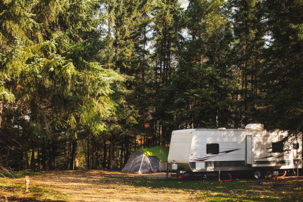 un accogliente campeggio autunnale - campeggio foto e immagini stock