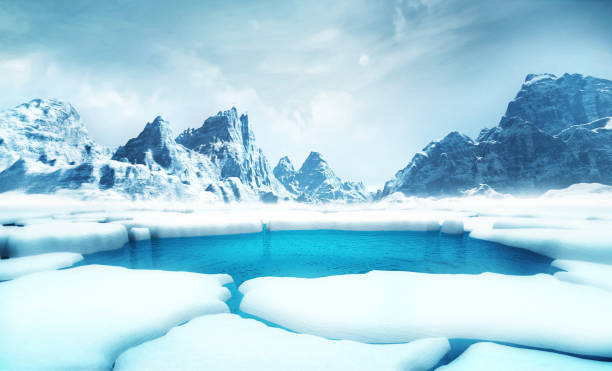cracked iceberg pieces with big mountains behind background global warming and environmental conditions 3D illustration render iceberg ice formation stock pictures, royalty-free photos & images