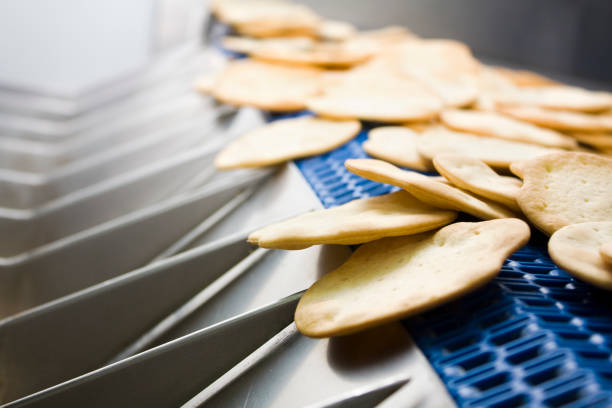 Crackers moving in a production and packing line. Close-up side view of freshly made crackers moving down in a production and packing line. Modern bakery. cracker snack photos stock pictures, royalty-free photos & images
