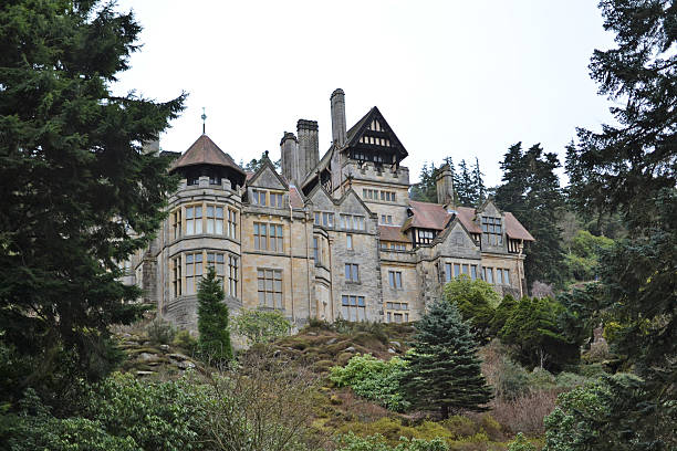 Cragside Garden View Cragside, Morpeth, England - March 21, 2015: Cragside house seen from the river, on top of a hill, surrounded by trees. Cragside is a 19th century mansion in north-eastern England. It is renowned as being the first house in the world that used hydroelectric power for illumination.  rothbury northumberland stock pictures, royalty-free photos & images