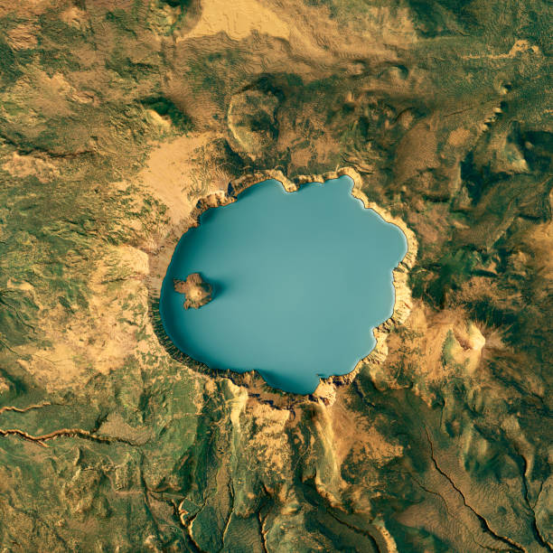 Crater Lake 3D Render Topographic Map Color 3D Render of a Topographic Map of the Area around Crater Lake, Klamath County, Oregon.
All source data is in the public domain.
Color texture: U.S. Geological Survey, US Topo
https://viewer.nationalmap.gov/basic/?basemap=b1&category=ustopo&title=US%20Topo%20Download
Relief texture: SRTM data courtesy of USGS. URL of source image: 
https://e4ftl01.cr.usgs.gov//MODV6_Dal_D/SRTM/SRTMGL1.003/2000.02.11/
Water texture: 
USGS The National Map: National Hydrography Dataset (NHD):
https://nationalmap.gov/hydro.html volcanic crater stock pictures, royalty-free photos & images