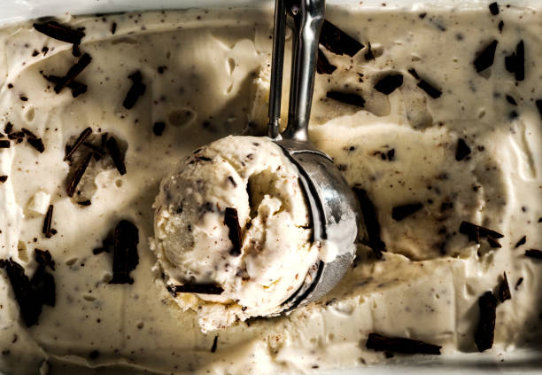 Creamy ice cream with chocolate chips in a scoop for ice cream. stock photo