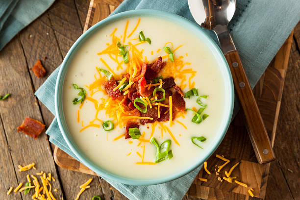 Creamy Loaded Baked Potato Soup Creamy Loaded Baked Potato Soup with Bacon and Cheese bacon photos stock pictures, royalty-free photos & images