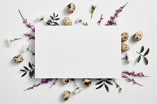 Creative easter flat lay with white paper blank