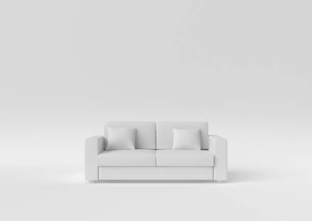 idea de papel minimalista creativa. concepto sofá blanco con fondo blanco. renderizado 3d, ilustración 3d. - blanco color fotografías e imágenes de stock