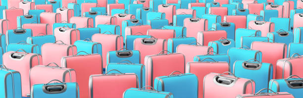 Creative minimal summer concept idea with colorful suitcases. 3D Render stock photo