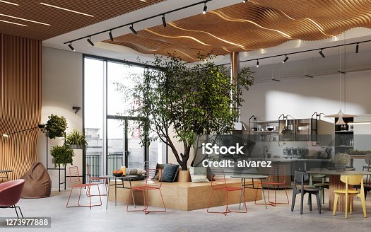 istock Creative office interior with cafeteria in 3d 1273977888