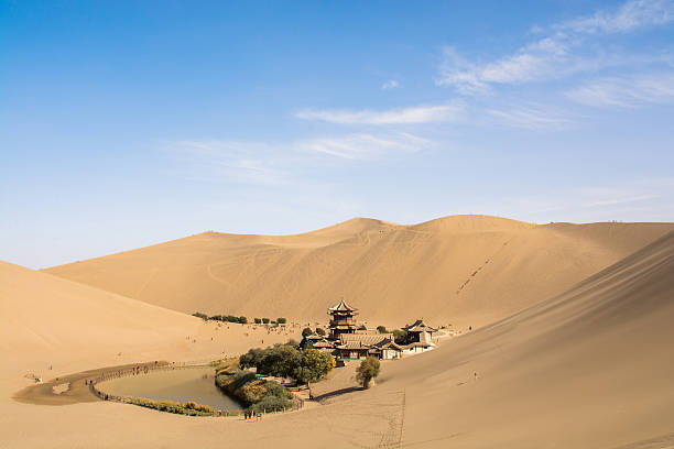 Crescent Lake in the desert Crescent Lake in the desert ,Dunhuang, Mingsha Shan, China silk road stock pictures, royalty-free photos & images