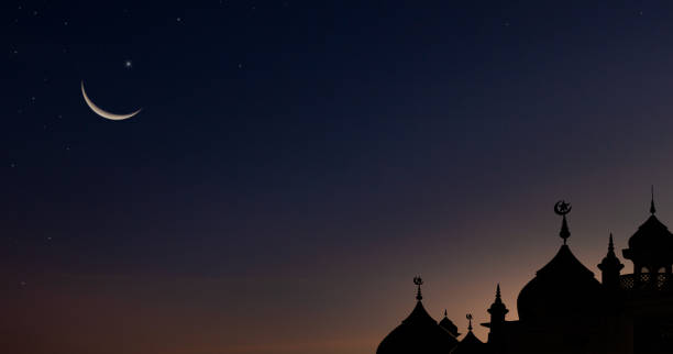 Crescent moon over mosques Mosques dome on dusk sunset sky and crescent moon symbol religion of Islamic free space text with Ramadan month, Eid Al Adha, Eid Ul Fitr, Muharram eid al adha stock pictures, royalty-free photos & images