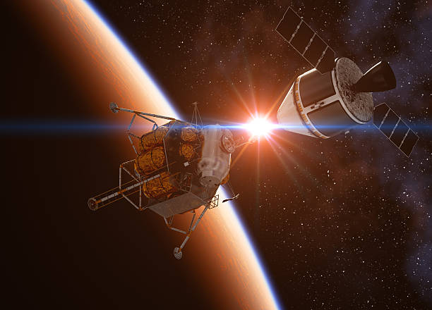 Crew Exploration Vehicle Docking Crew Exploration Vehicle Docking In Space. 3D Illustration. european space agency stock pictures, royalty-free photos & images