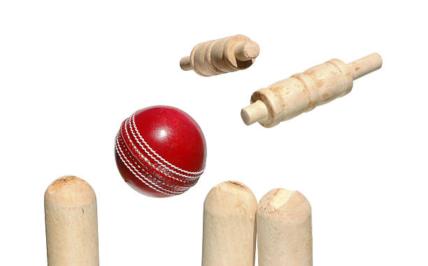 pallina da cricket, fascette e stumps - pioli foto e immagini stock