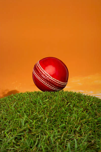 Cricket ball on grass mound against orange sunset stock photo