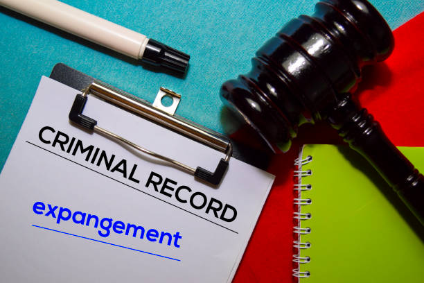Criminal Record and Expangement text on Document form and Gavel isolated on office desk. stock photo