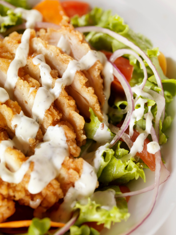 Crispy Chicken Breast Salad With Ranch Dressing Stock Photo - Download ...