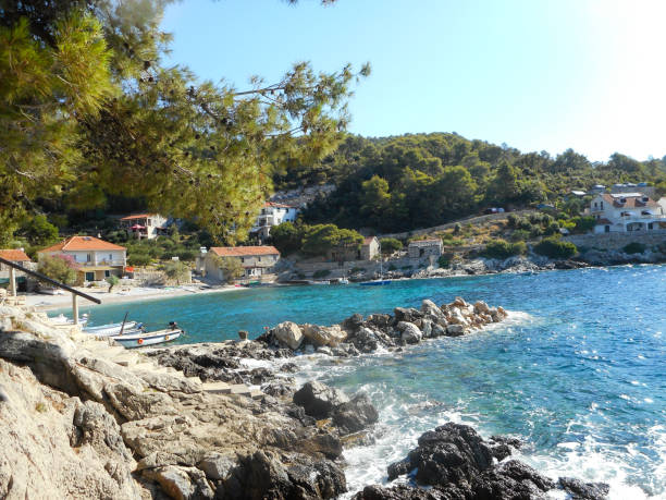 Croatian rocky beach on Hvar stock photo