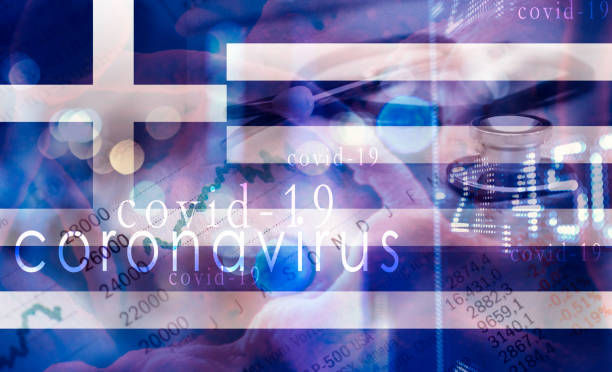 el cronavirus se propaga en la imagen compuesta de grecia con objeto médico e indicador económico que muestra las consecuencias económicas para la economía griega - fotografía temas fotografías e imágenes de stock