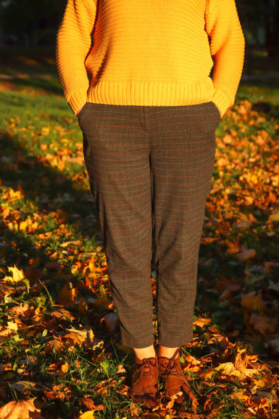 cropped portrait of young caucasian blonde woman in autumn park. bright stylish woman in yellow pullover and woolen capri pants standing in october park. happy fall concept. sunny weather, sunset - wolbroeken stockfoto's en -beelden