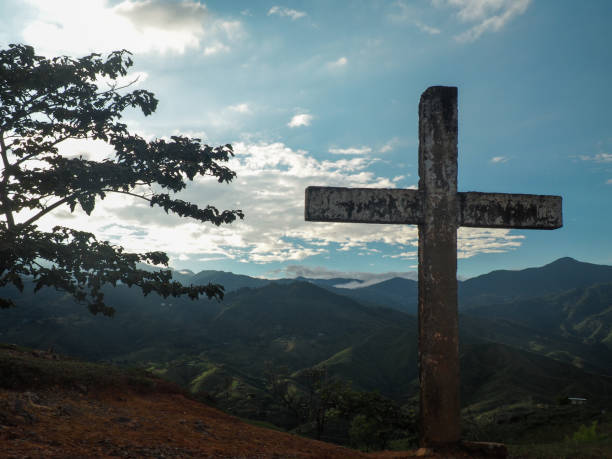 Cross and view over the Cauca valley in Colombia stock photo