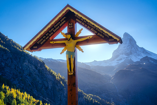 Cross and Matterhorn in the background, Swiss Alps, Valais, Switzerland