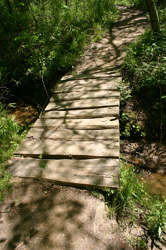 Rickety wooden footbridge crosses over a muddy stream