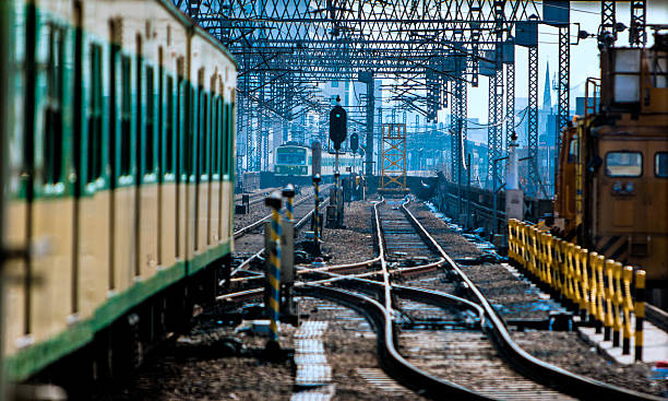 crossing trains on railroad stock photo