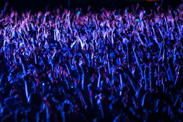 Crowd of people cheering at a music festival at night Crowd of people cheering at a music festival at night, a woman riding on her boyfriends shoulders general view stock pictures, royalty-free photos & images
