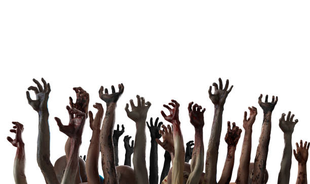 crowd of stretched zombie hands halloween theme, render 3D crowd of stretched zombie hands halloween theme, render 3D zombie stock pictures, royalty-free photos & images
