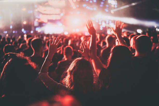 Crowd on a music festival! Back view of a crowded audience on a music festival with their arms raised. entertainment stock pictures, royalty-free photos & images