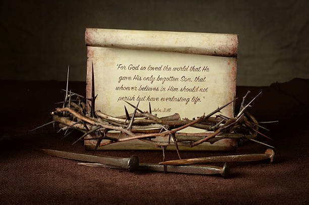 Crown of Thorns and Nails With Scripture  good friday stock pictures, royalty-free photos & images