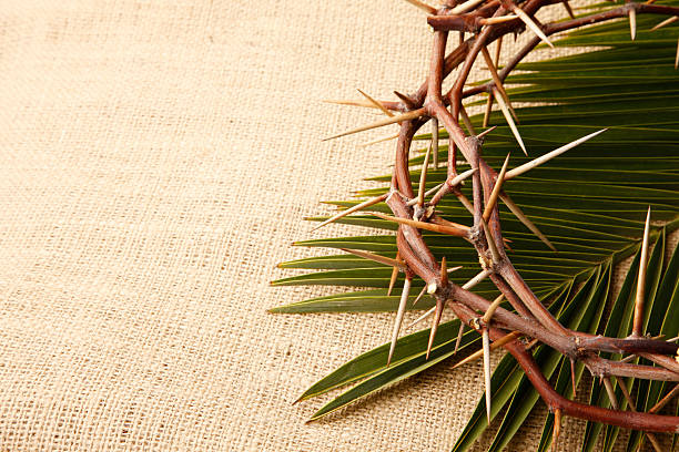 Crown of Thorns and Palm Leaf on Burlap Background  good friday stock pictures, royalty-free photos & images